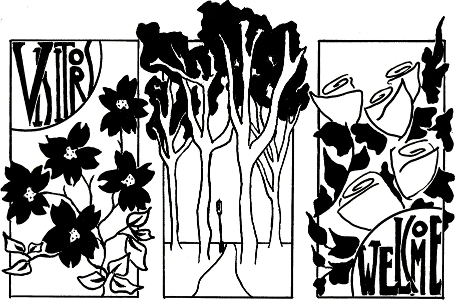 stylized black and white line art in a triptych with flowers on a vine, a stand of trees, and roses. The text reads Visitors Welcome
